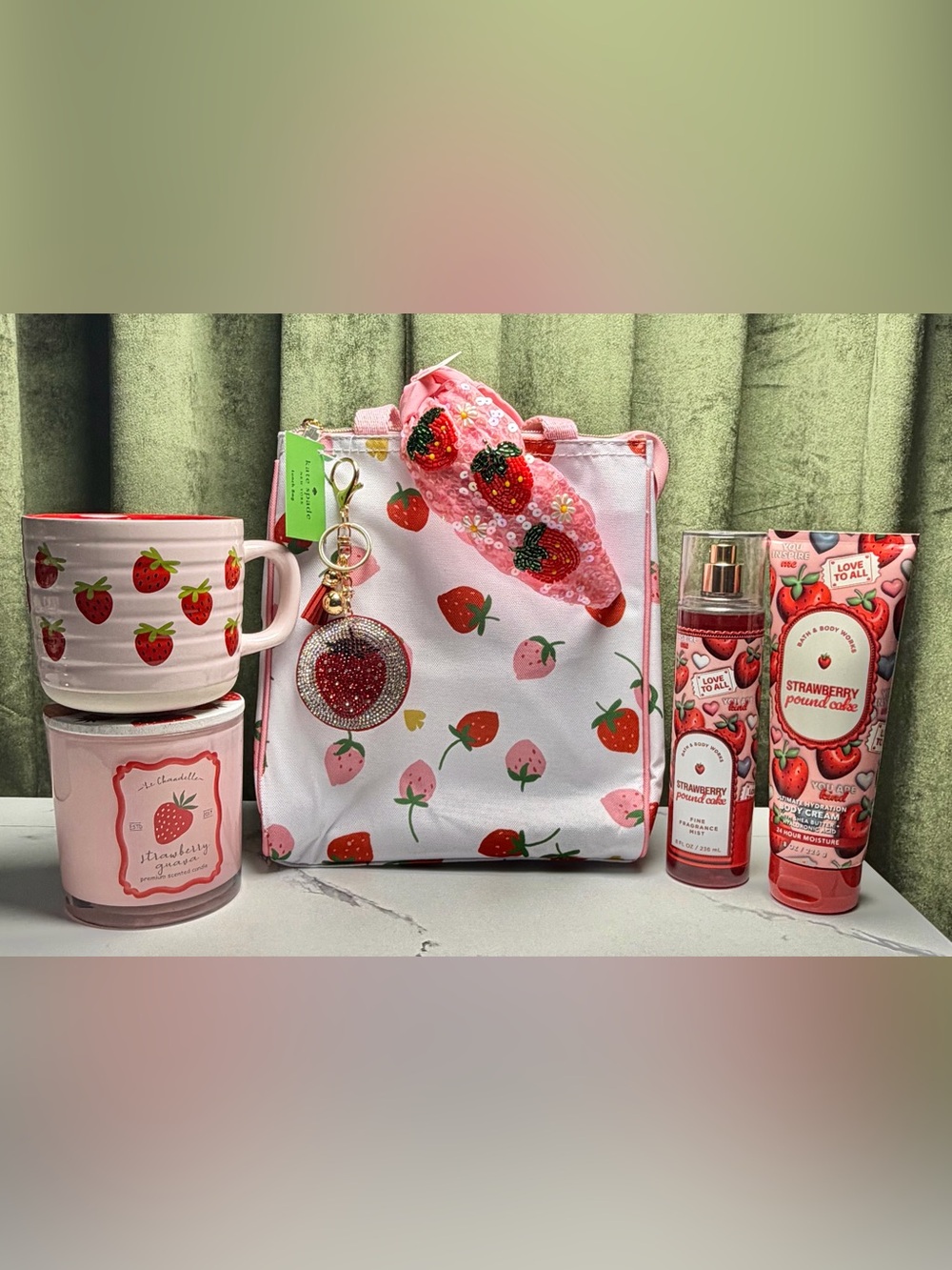 Bundle- Kate Spade Strawberry Print Lunch Bag, Keychain & More